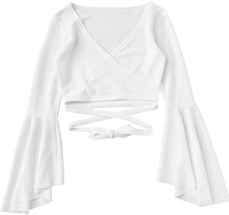 Soly Hux Womens Surplice V Neck Long Bell Sleeve Wrap Tie Back Crop