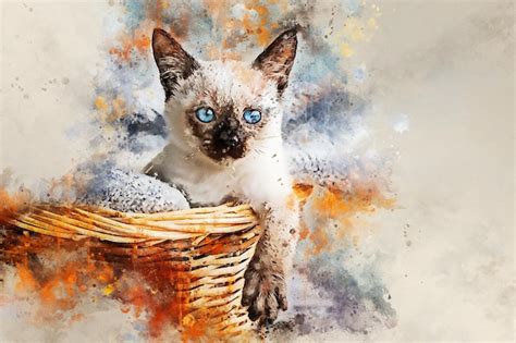 Lindo Gatito Gato Siam S En Canasta Dibujo Art Stico De Acuarela Foto