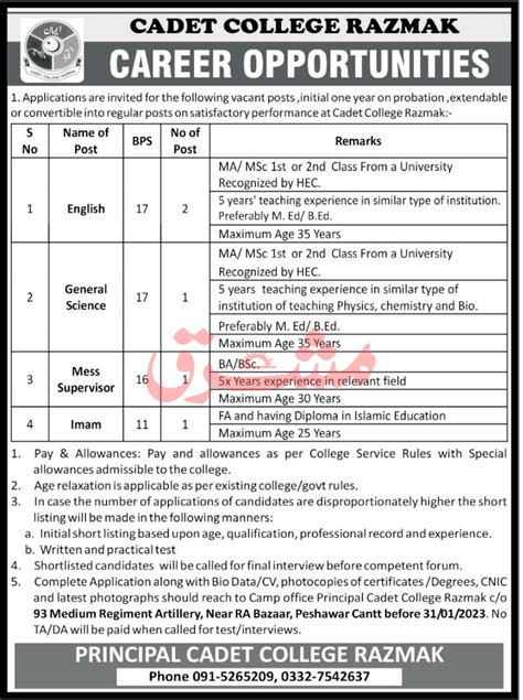 Positions Available At Cadet College Razmak Job Advertisement Pakistan