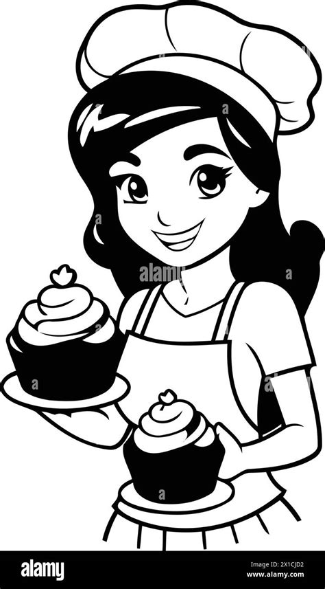 Cute Cartoon Girl Chef Holding A Cupcake Vector Illustration Stock