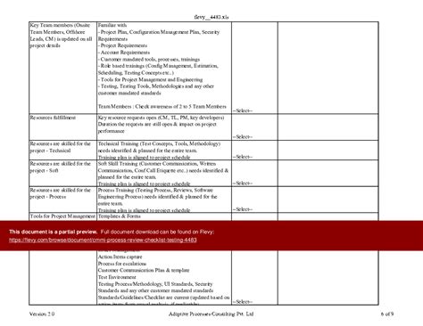 Excel Template Cmmi Process Review Checklist Testing Excel Template