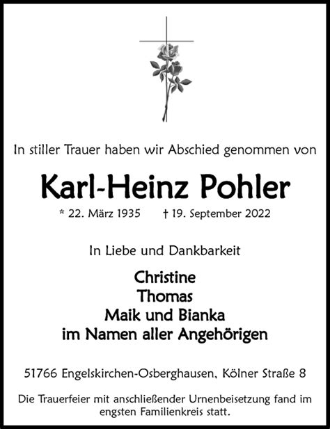 Traueranzeigen Von Karl Heinz Pohler WirTrauern