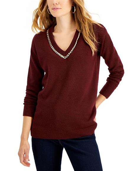 Inc International Concepts Petite Chain V Neck Tunic Sweater Created