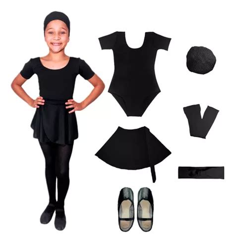 Kit Ballet Itens Preto Collant Meia Manga Bal Infantil