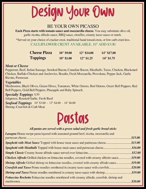 Menu at Rochetto's Pizzeria, Crowley