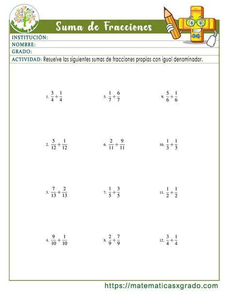 Fichas Con Ejercicios De Suma De Fracciones Para Imprimir