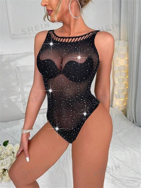 Rhinestone Studded Fishnet Bodysuit Without Lingerie Set Shein Uk