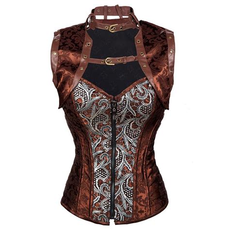 Hot Sexy Lingerie Brown Steampunk Corset Tops Zipper Steel Boned Korset