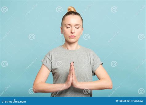 namaste woman gesture yoga practice meditation stock photo image