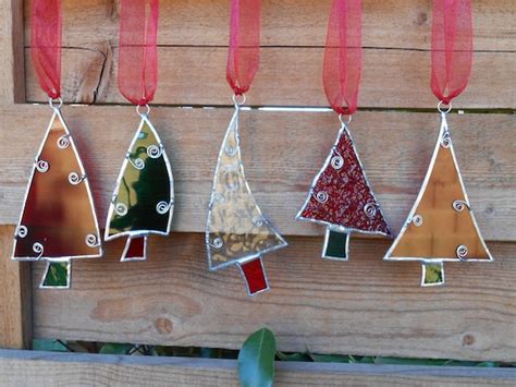 5 Stained Glass Christmas Tree Ornaments Red Green Clear