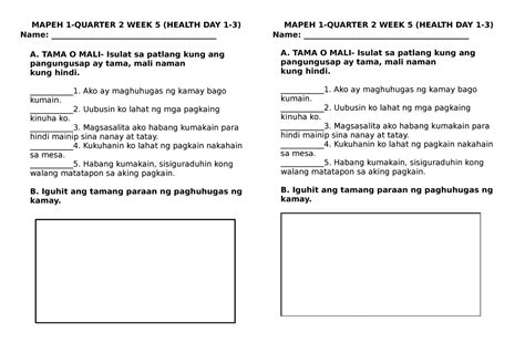 Mapeh Filipino Week 5 Quarter 3 Mapeh 1 Quarter 2 Week 5 Health Day