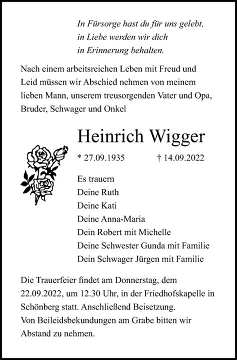 Traueranzeigen Von Heinrich Wigger Trauer Anzeigen De