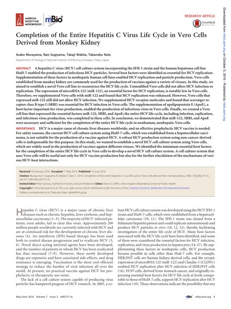 Pdf Completion Of The Entire Hepatitis C Virus Life Cycle In Vero