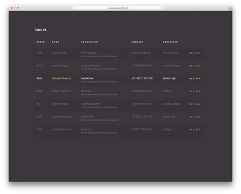 CSS Table V16 - Free Dark Table Template 2025 - Colorlib