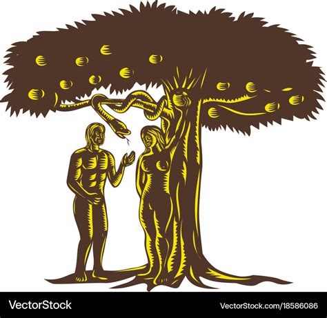 Adam and eve apple serpent woodcut Royalty Free Vector Image