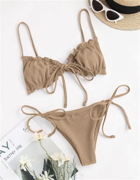 SHEIN Front Lettuce Trim Bikini Swimsuit Women S Fashion Swimwear Bikinis Swimsuits On