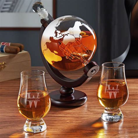 Personalized Globe Decanter Set With Engraved Glencairn Glasses Whiskey