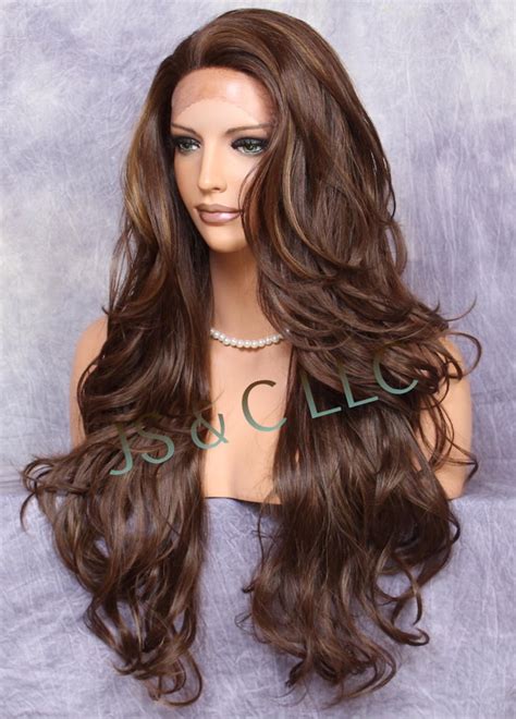 Full Lace Front Wig Human Hair Blend Long Wavy Layered Brown Etsy Auburn Brown Light Auburn