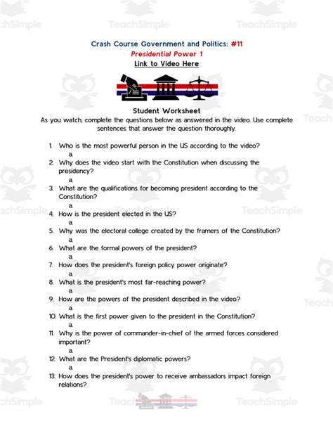 Crash Course Government Episode Worksheet 11 Presidential Power 1 By Teach Simple