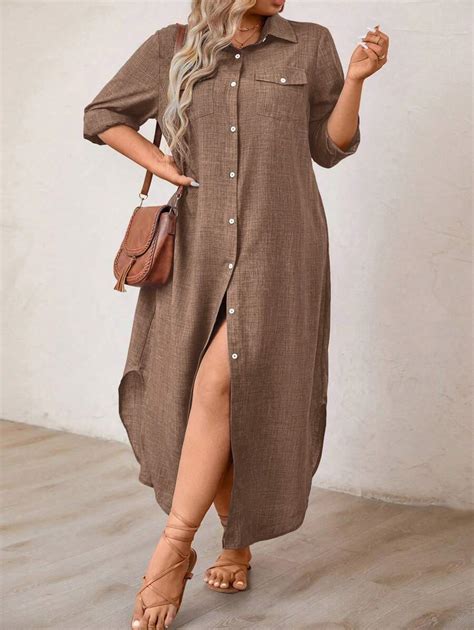 Shein Joress プラスサイズ カジュアル フロントボタン ロングシャツワンピース マキシ レディースアウトフィット Sheinクリスマス感謝祭