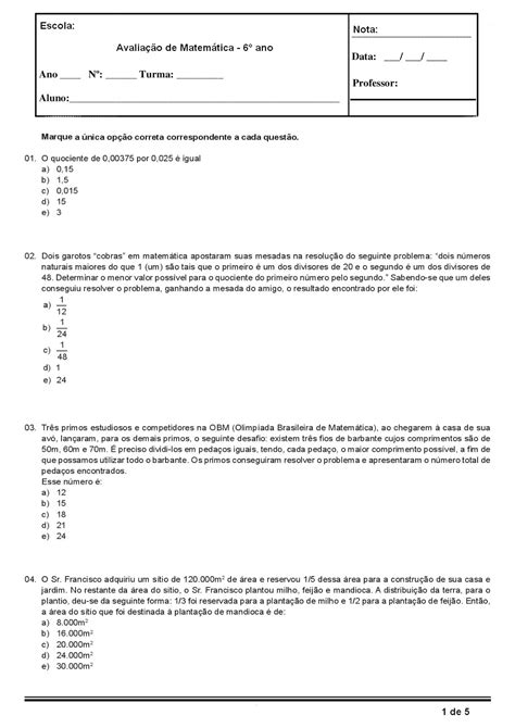 Atividades De Matemática 6 Ano Para Imprimir Revoeduca