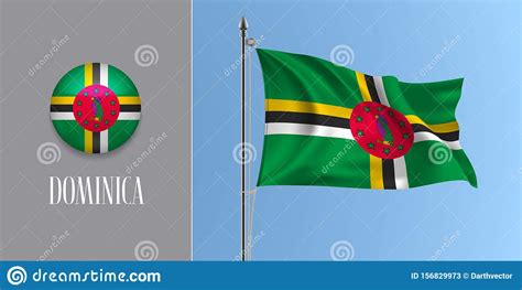 Dominica Waving Flag On Flagpole And Round Icon Vector Illustration