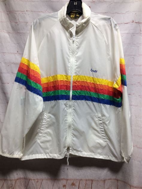 Retro Horizontal Striped Rainbow Design Windbreaker Texas Drawstring