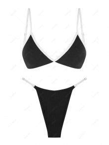 Zaful Ribbed Contrast Binding High Leg String Bikini Swimwear In Black