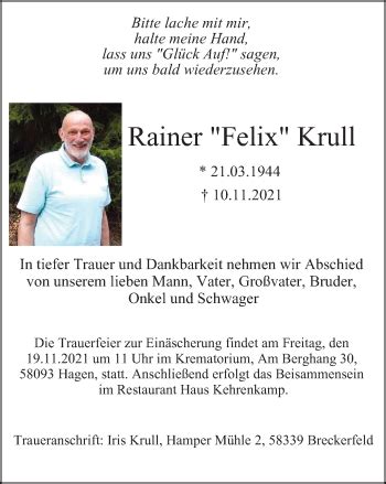 Traueranzeigen Von Rainer Krull Trauer In NRW De