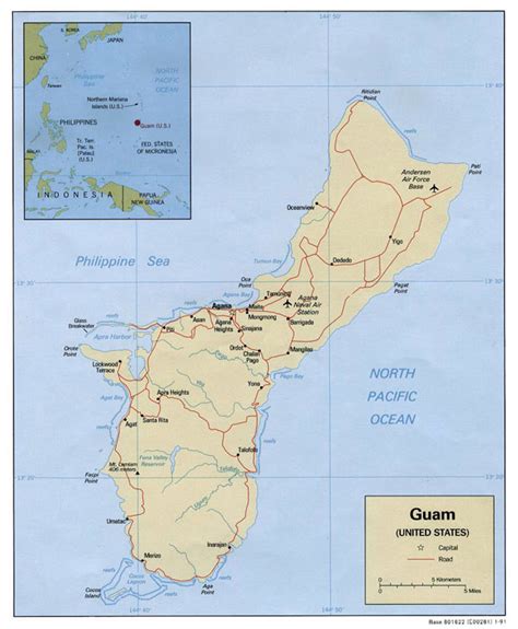 Large Detailed Political Map Of Guam With Roads Cities And Airports