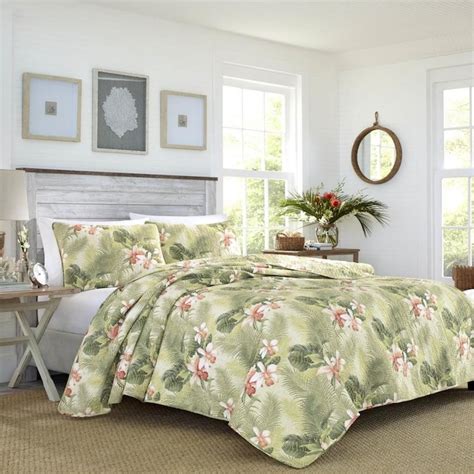 Tommy Bahama Tommy Bahama Cotton Palm Green Tropical Orchid King 3 Piece Quilt Sham Set In