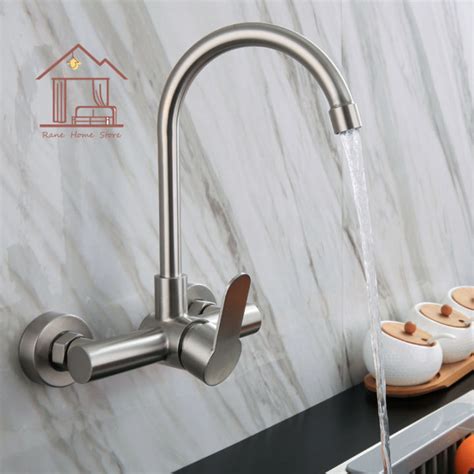Stainless Steel Double Handle Kitchen Faucet Hot Cold Water Wall Mounted Tap Swivel