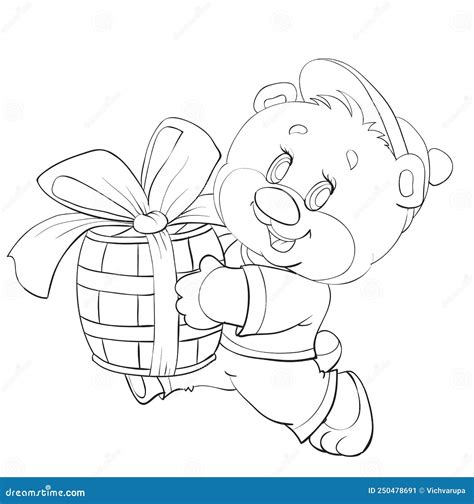 Sketch A Cute Character Teddy Bear In A Cap Carries A Big Barrel Of