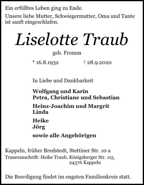 Traueranzeigen Von Liselotte Traub Sh Z Trauer