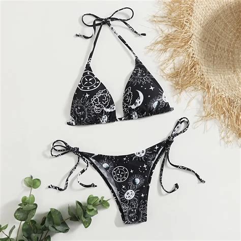Sexy Gothic Print Black Triangle Bikini Set Separate High Waist Thong