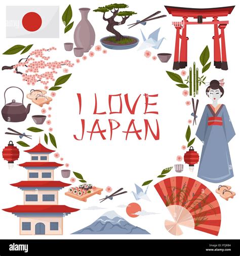 I love Japan poster. Japanese symbols vector illustration isolated on white. Colorful icons of ...