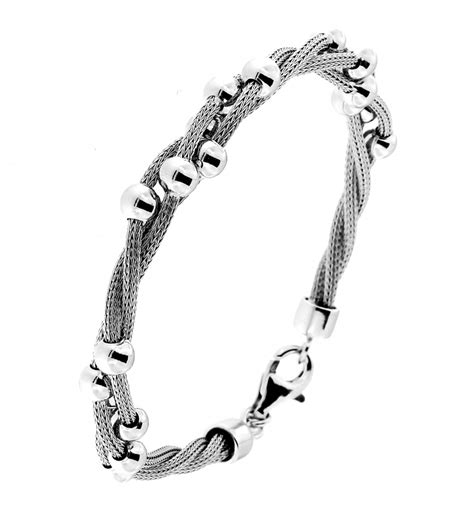 Bracelet Argent Rhodi Maille Tr Ss E Torsad E Avec Boules Ref