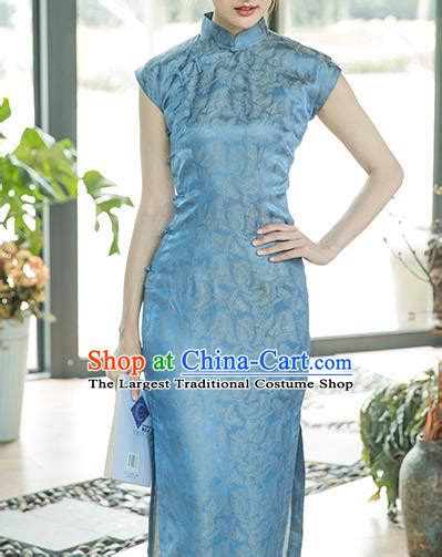 Classic Blue Summer Heavy Silk Cheongsam Blue And White Porcelain