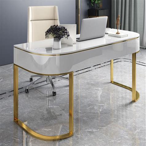 Modern White Semicircle Office Desk with Drawer, Rounded Corner, Gold ...