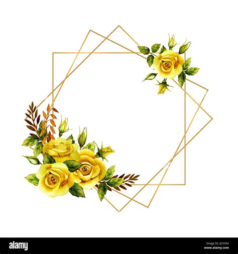 Geometric Gold Frame With A Bouquet Of Watercolor Yellow Roses Stock