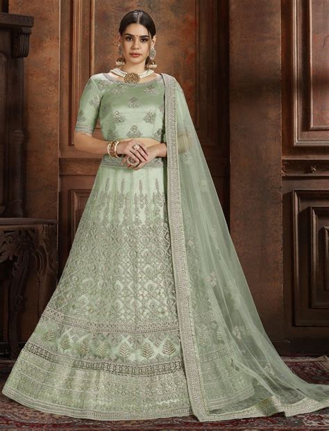 Mint Green Embroidered Stones Work Net Designer Lehenga Choli Semi