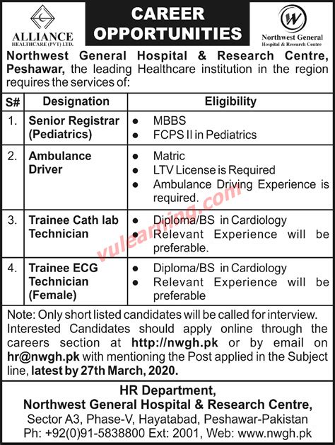 Northwest General Hospital Research Centre Peshawar Jobs 2020 For