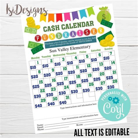 Editable Cash Calendar Fundraiser Flyer, Printable Fundraiser Form ...