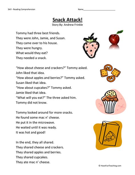 Snack Attack Reading Comprehension Worksheet • Have Fun Teaching