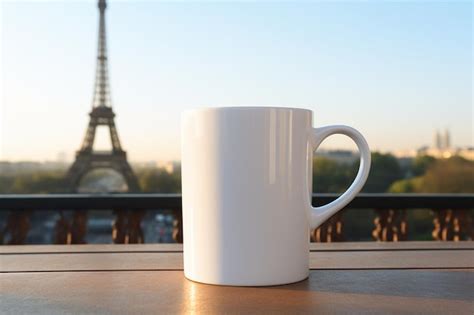 Taza Blanca En Blanco Con La Torre Eifel En El Fondo Y Espacio De Copia