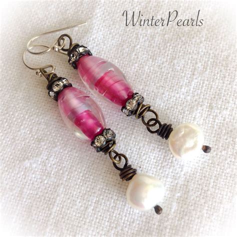 Pink Dangle Earrings German Glass Pearls Rhinestone Vintage Etsy