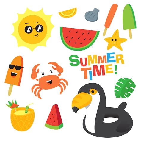 Premium Vector Colorful Summer Time Cartoon Vector Set