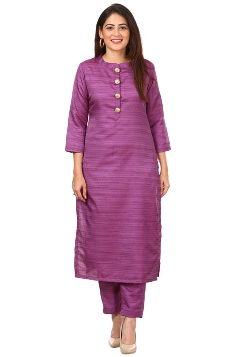 Purple Kundan Silk Kurti With Straight Pants Silk Kurti Designs