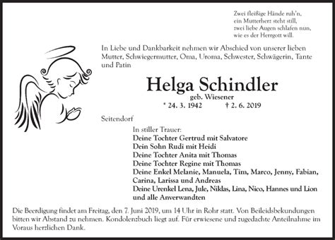 Traueranzeigen Von Helga Schindler Trauer Flz De