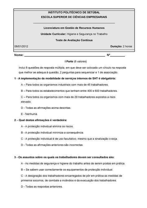 Teste Higiene E Segurança No Trabalho Nome